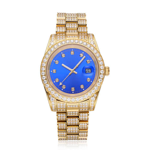 13.3CT Iced Out Blue Face 14K Yellow Gold 41MM  Moissanite Presidential Watch Gubanlink