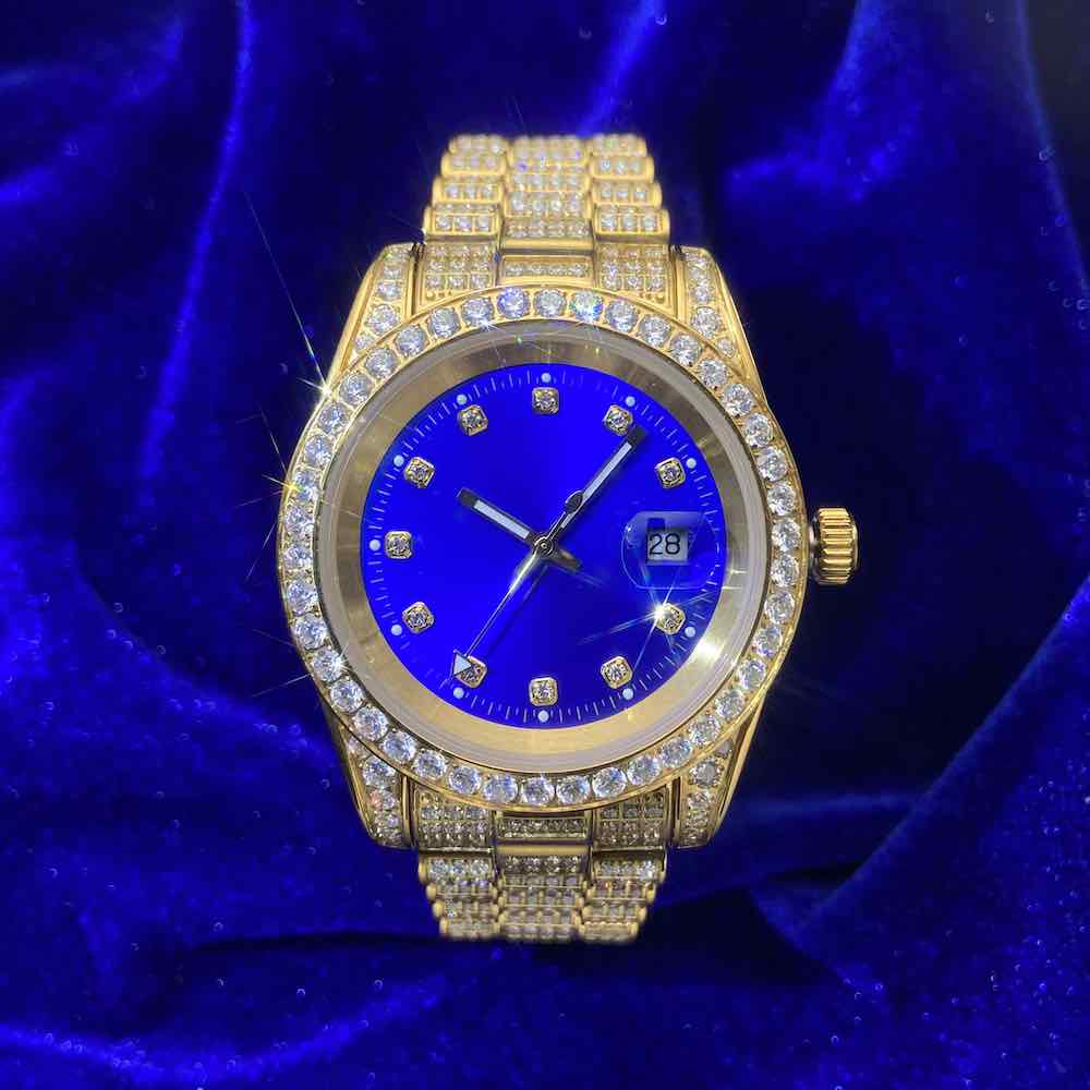 13.3CT Iced Out Blue Face 14K Yellow Gold 41MM  Moissanite Presidential Watch Gubanlink