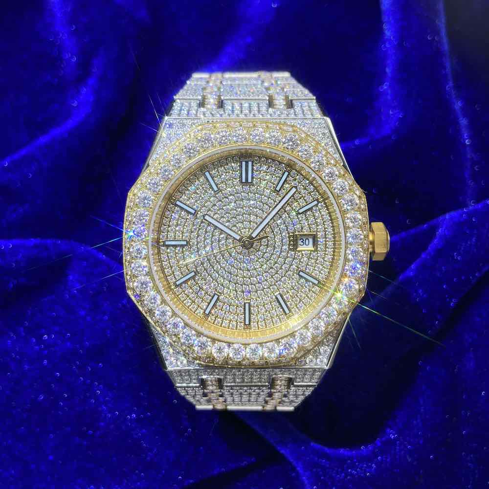 14K Yellow Gold 44MM  Iced Out Bust Down Moissanite Watch Gubanlink
