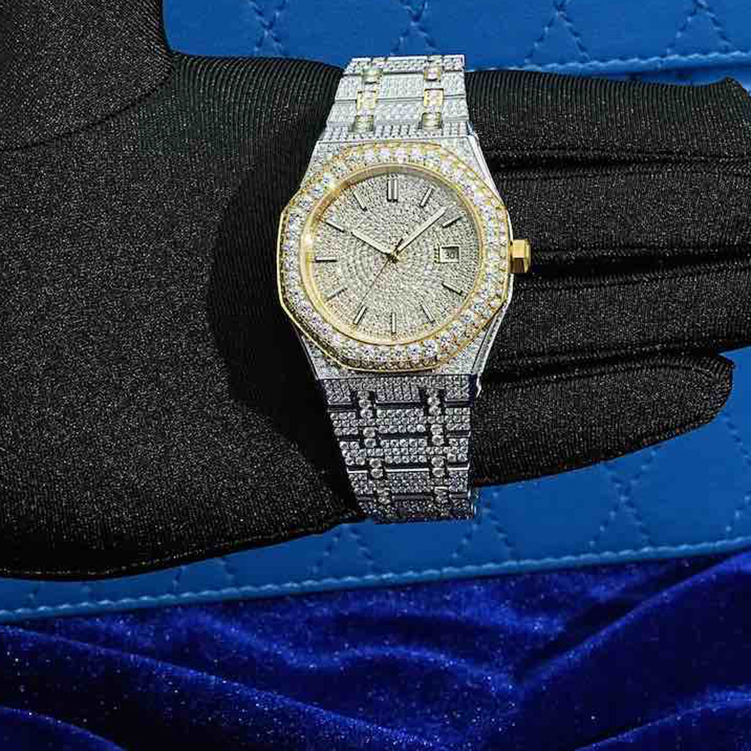 14K Yellow Gold 44MM  Iced Out Bust Down Moissanite Watch Gubanlink