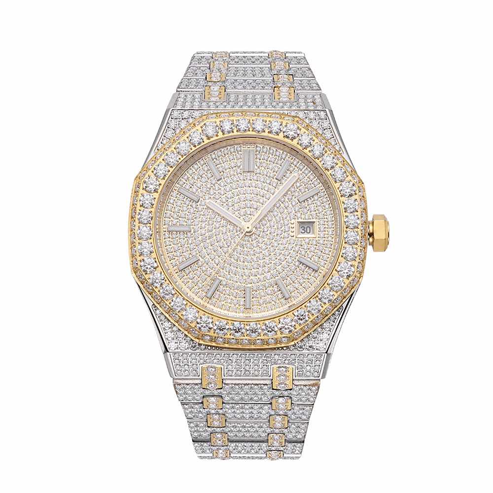 14K Yellow Gold 44MM  Iced Out Bust Down Moissanite Watch Gubanlink