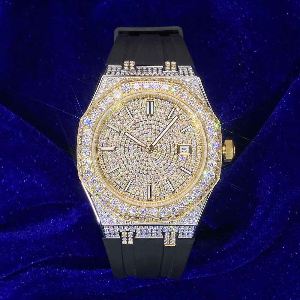 40 MM 13.5CT 14K Yellow Gold Moissanite Iced Out Silicone Band Watch Gubanlink