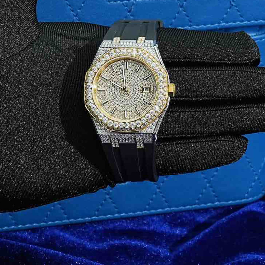 40 MM 13.5CT 14K Yellow Gold Moissanite Iced Out Silicone Band Watch Gubanlink