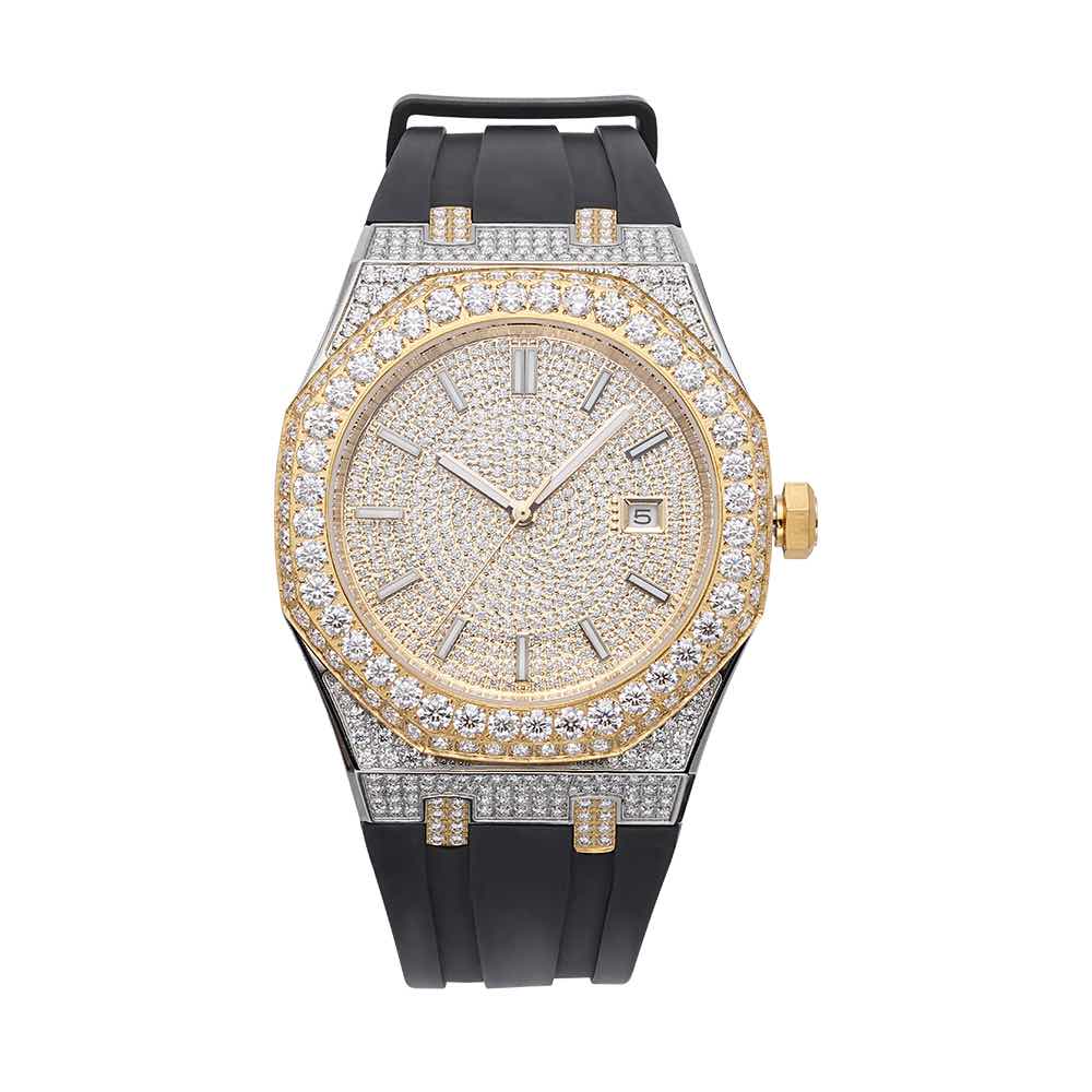 40 MM 13.5CT 14K Yellow Gold Moissanite Iced Out Silicone Band Watch Gubanlink