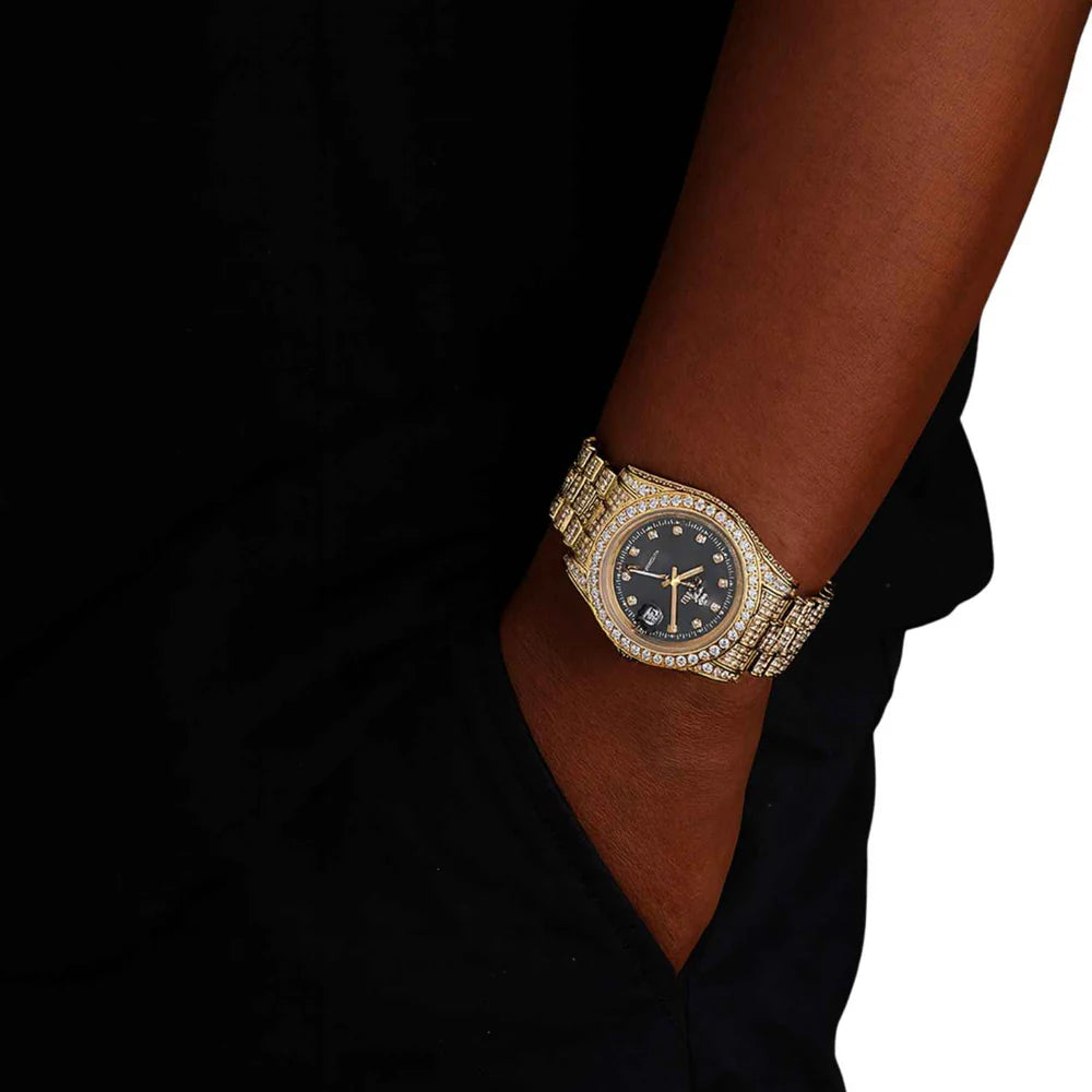 13.3CT Iced Out Black Face  14K Yellow Gold 41MM  Moissanite Presidential Watch Gubanlink