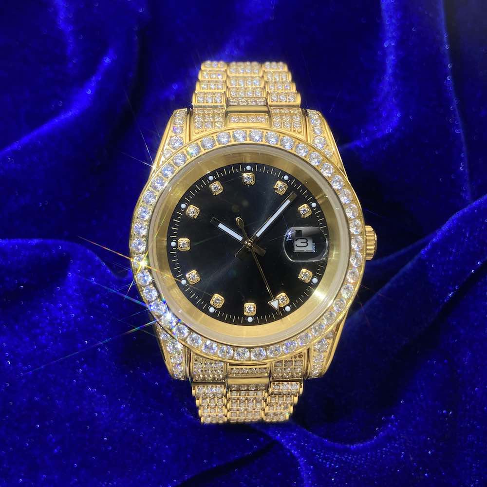 13.3CT Iced Out Black Face  14K Yellow Gold 41MM  Moissanite Presidential Watch Gubanlink