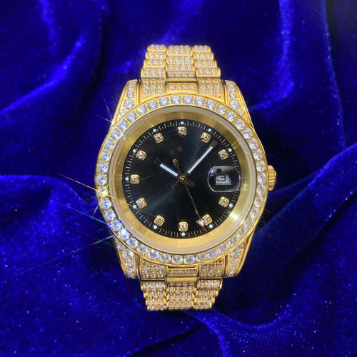 13.3CT Iced Out Black Face  14K Yellow Gold 41MM  Moissanite Presidential Watch Gubanlink