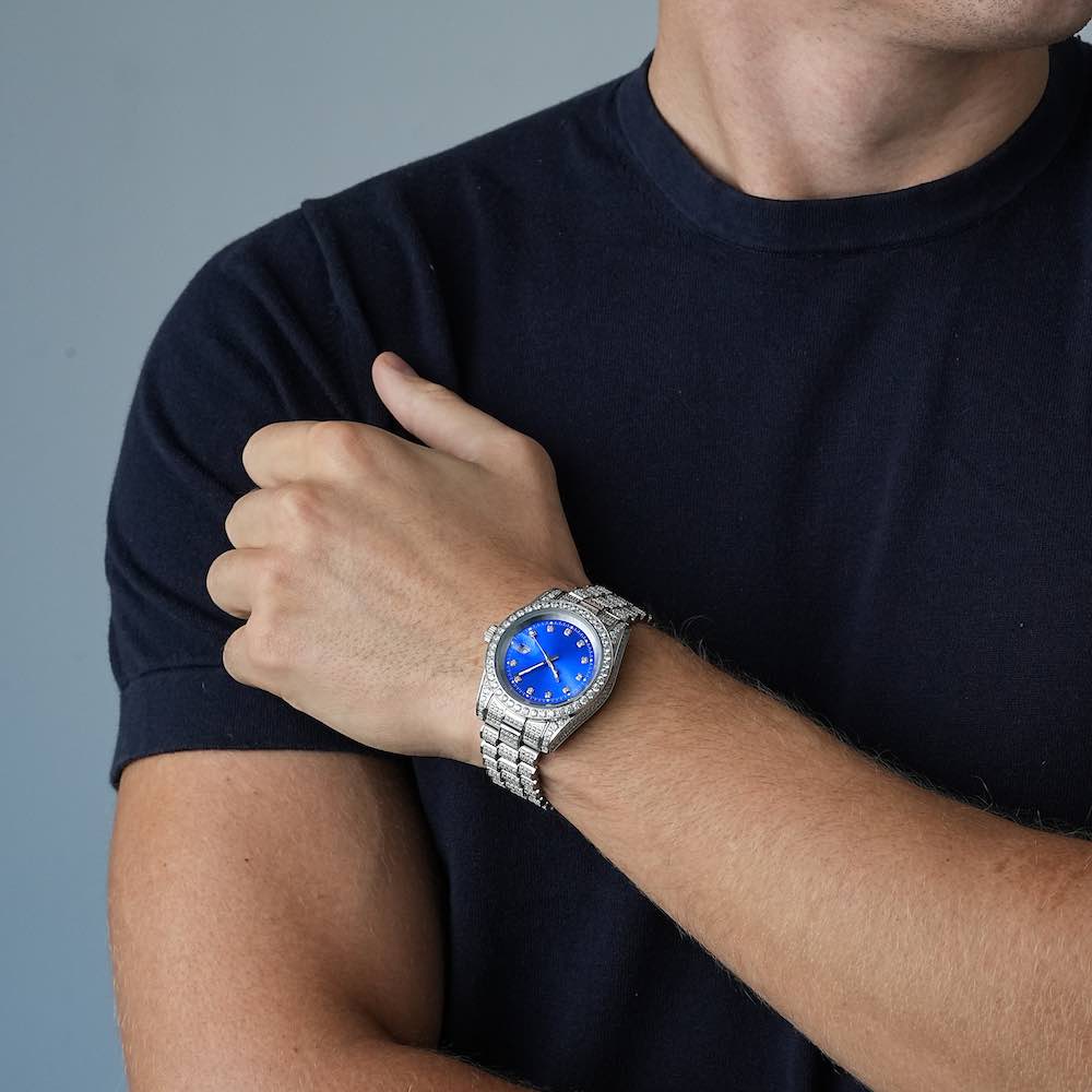 13.3CT Iced Out Blue Face  14K White Gold 41MM  Moissanite Presidential Watch Gubanlink