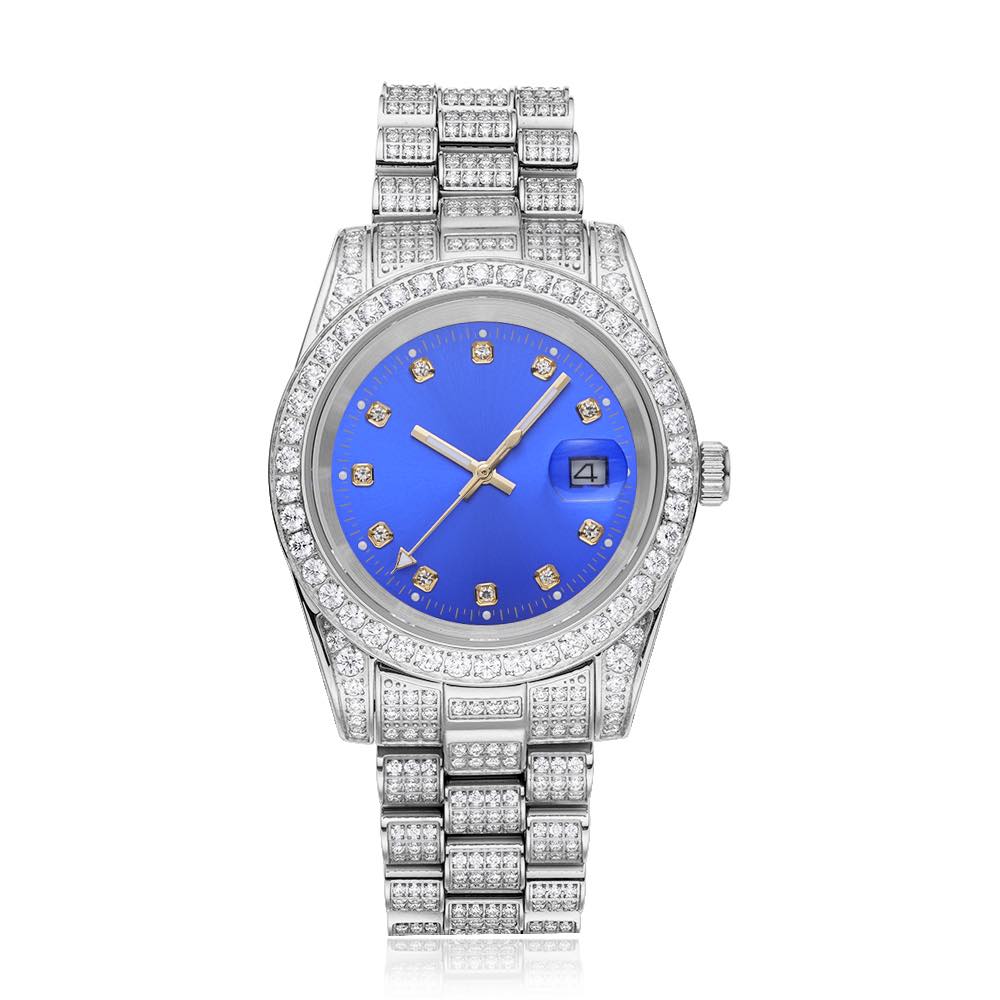 13.3CT Iced Out Blue Face  14K White Gold 41MM  Moissanite Presidential Watch Gubanlink