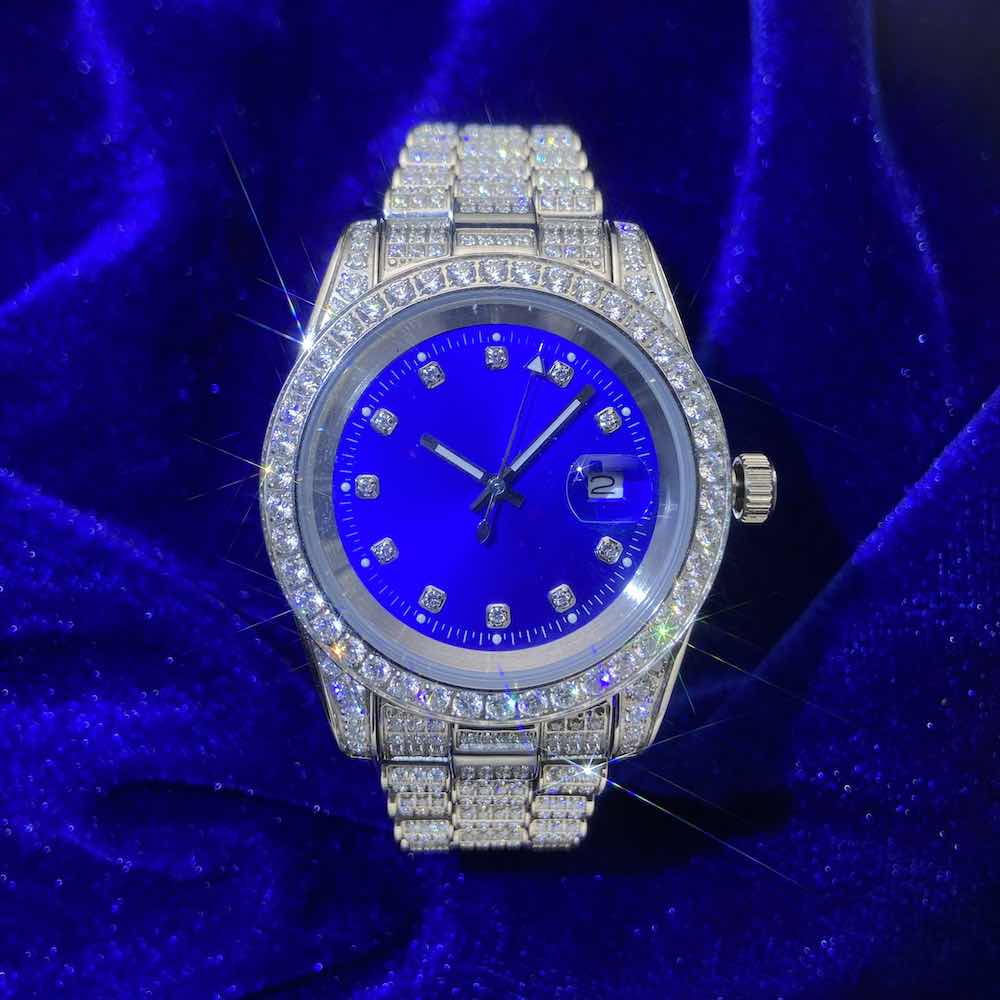 13.3CT Iced Out Blue Face  14K White Gold 41MM  Moissanite Presidential Watch Gubanlink