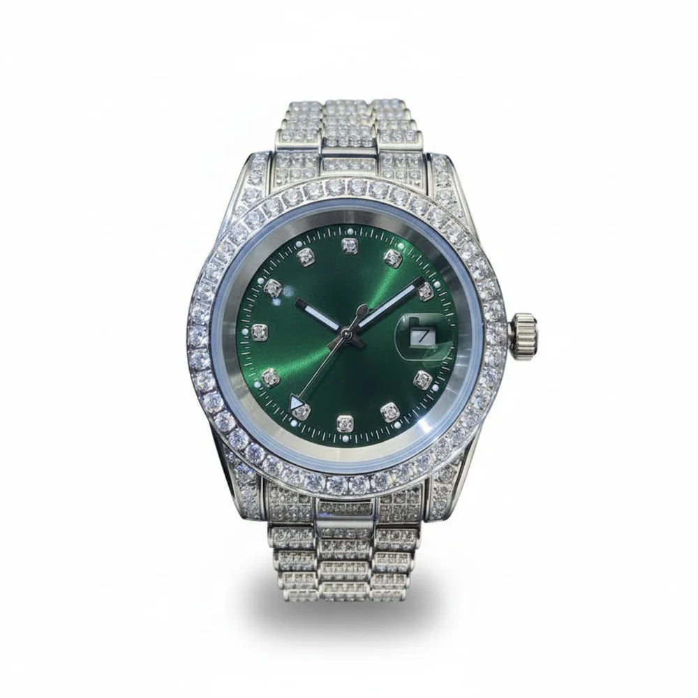 Moissanite Presidential Watch | Green Face | 41MM | 13.3CT Iced Out | 14K White Gold Gubanlink