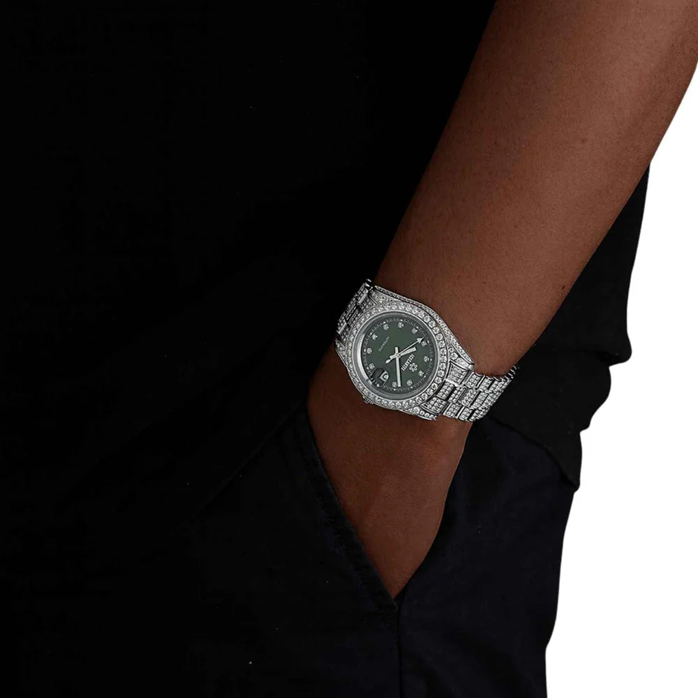 Moissanite Presidential Watch | Green Face | 41MM | 13.3CT Iced Out | 14K White Gold Gubanlink