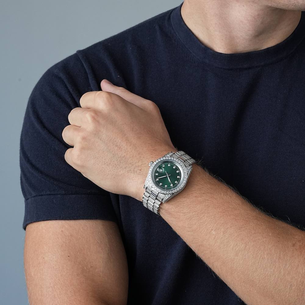 Moissanite Presidential Watch | Green Face | 41MM | 13.3CT Iced Out | 14K White Gold Gubanlink