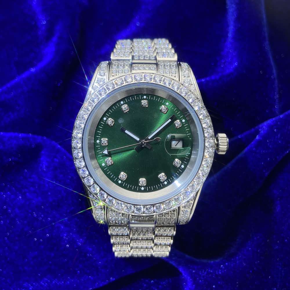 Moissanite Presidential Watch | Green Face | 41MM | 13.3CT Iced Out | 14K White Gold Gubanlink
