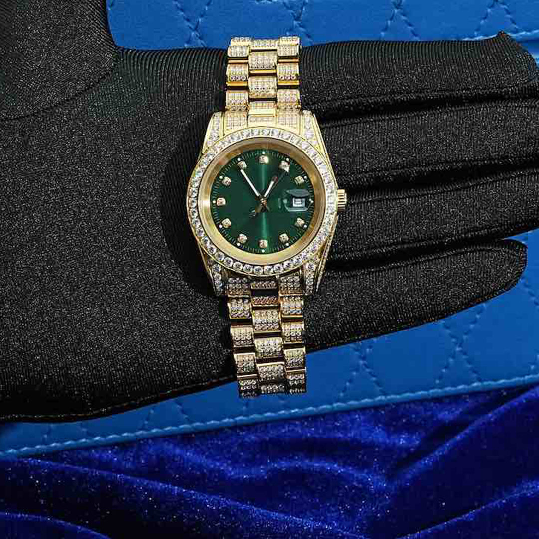 13.3CT Iced Out Green Face  14K Yellow Gold 41MM  Moissanite Presidential Watch Gubanlink