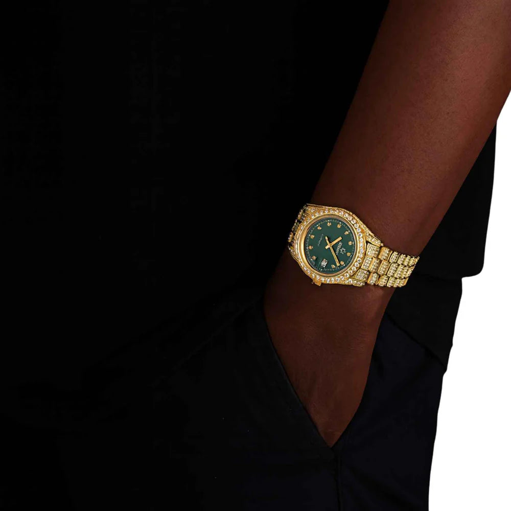 13.3CT Iced Out Green Face  14K Yellow Gold 41MM  Moissanite Presidential Watch Gubanlink