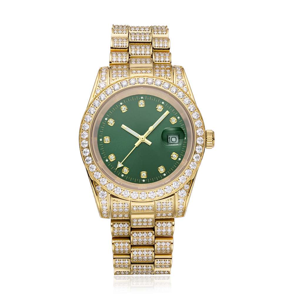 13.3CT Iced Out Green Face  14K Yellow Gold 41MM  Moissanite Presidential Watch Gubanlink