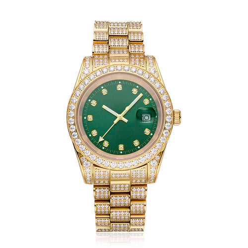 13.3CT Iced Out Green Face  14K Yellow Gold 41MM  Moissanite Presidential Watch Gubanlink