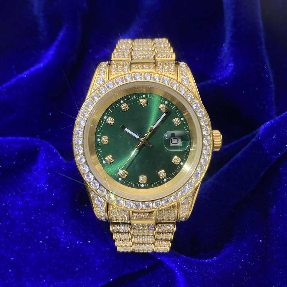 13.3CT Iced Out Green Face  14K Yellow Gold 41MM  Moissanite Presidential Watch Gubanlink