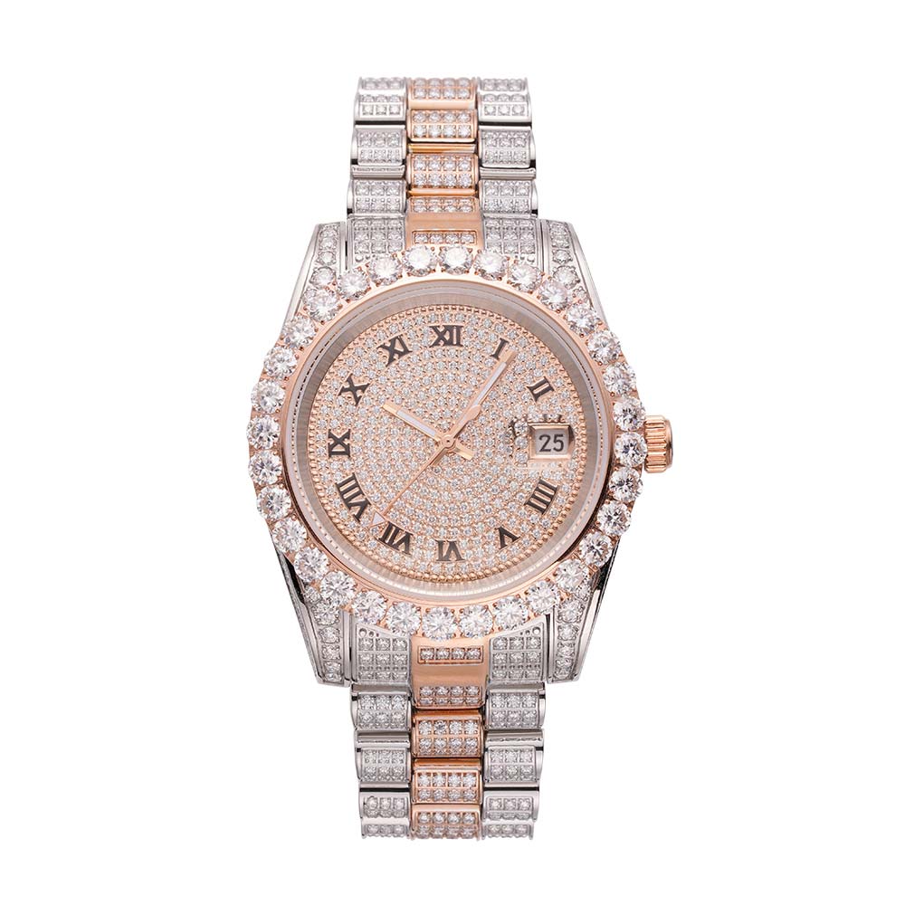 41MM | Roman Numeral Dial | 18.3CT Iced Out | 14K Rose Gold Moissanite Presidential Watch Gubanlink