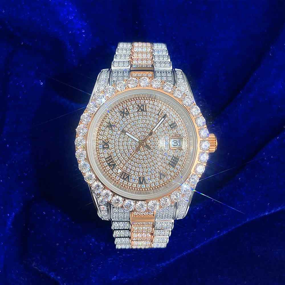 41MM | Roman Numeral Dial | 18.3CT Iced Out | 14K Rose Gold Moissanite Presidential Watch Gubanlink