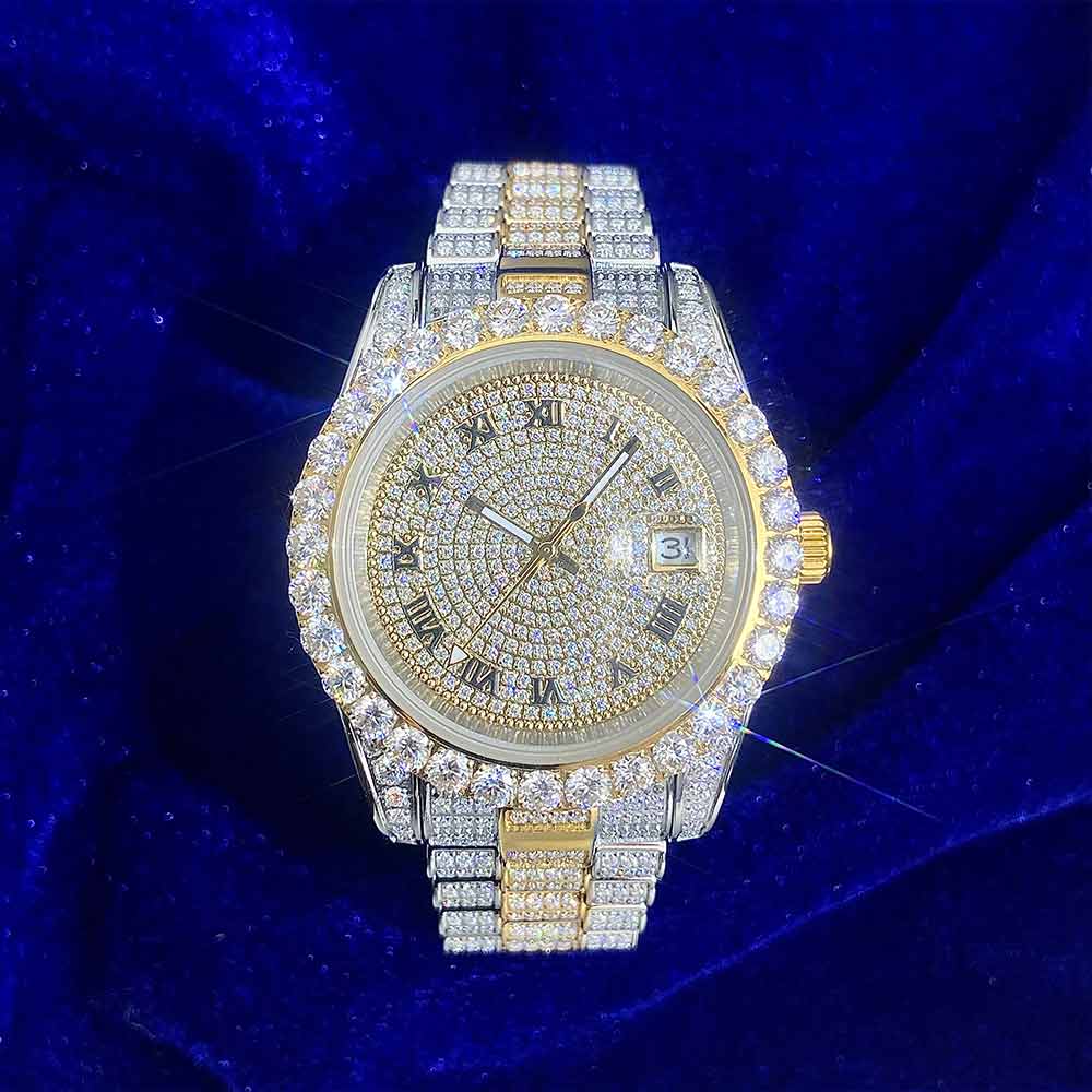 41MM | Roman Numeral Dial | 18.3CT Iced Out | 14K White and Yellow Gold Two Tone Moissanite Presidential Watch Gubanlink