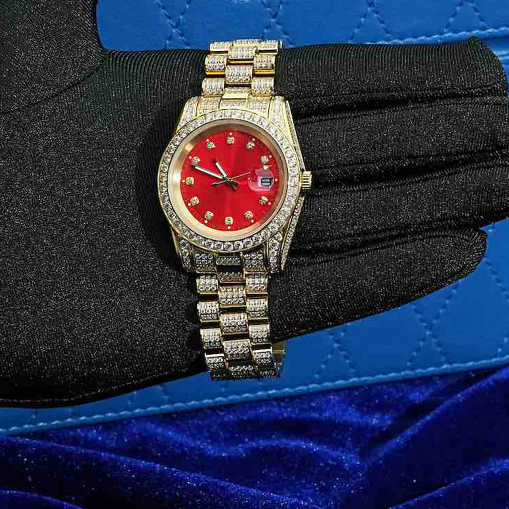 13.3CT Iced Out Red Face 14K Yellow Gold 41MM  Moissanite Presidential Watch Gubanlink