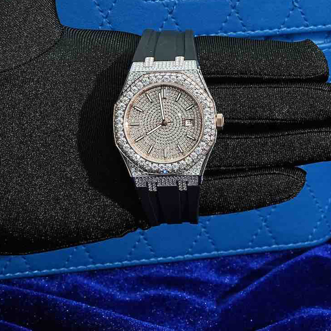 40 MM 13.5CT 14K Rose Gold Moissanite Iced Out Silicone Band Watch Gubanlink