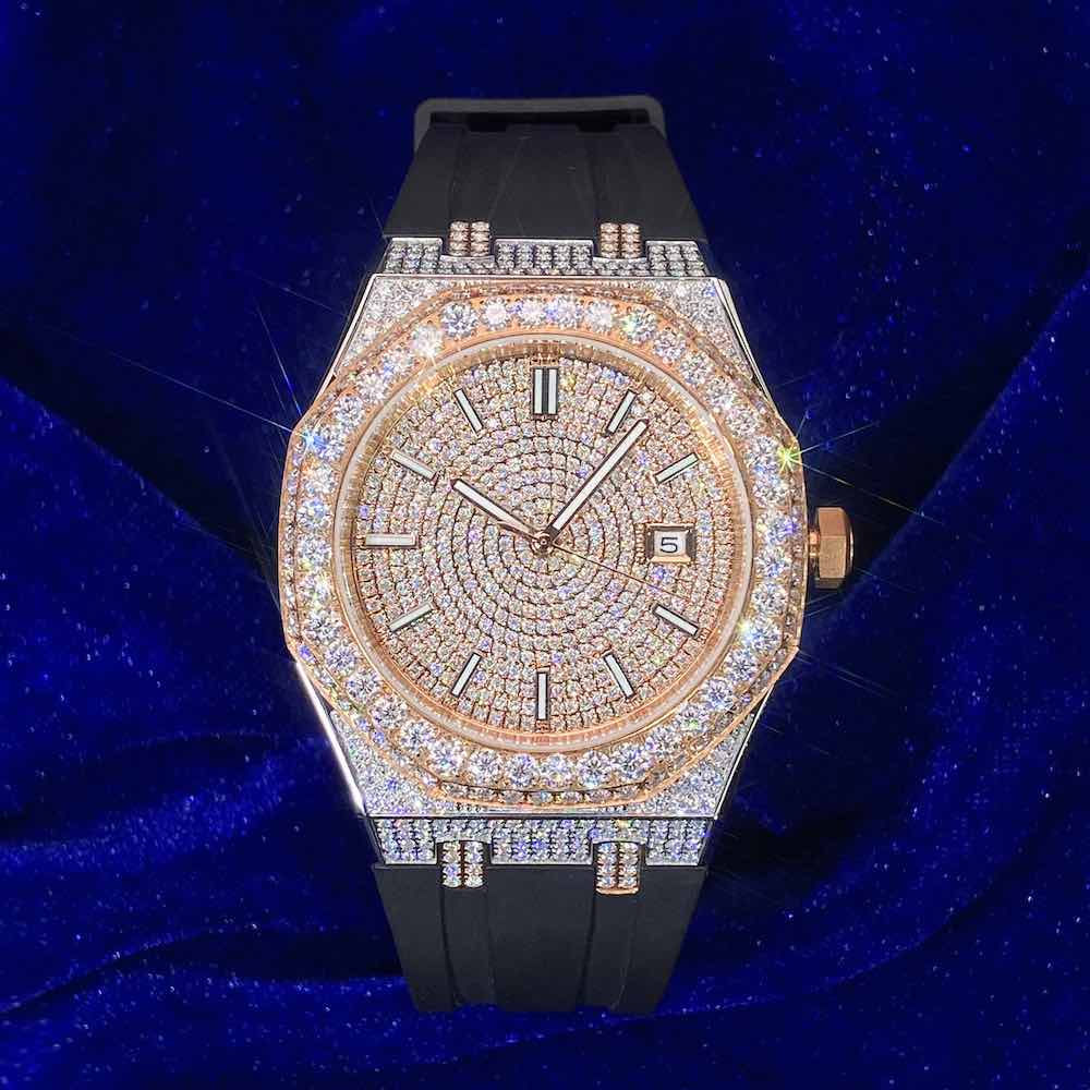 40 MM 13.5CT 14K Rose Gold Moissanite Iced Out Silicone Band Watch Gubanlink