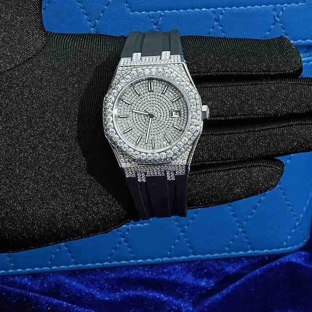 40 MM 13.5CT 14K White Gold Moissanite Iced Out Silicone Band Watch Gubanlink