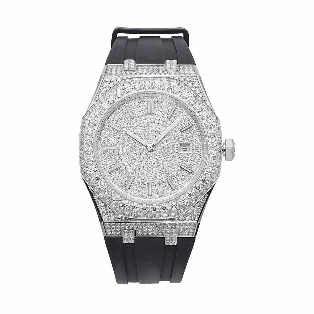 40 MM 13.5CT 14K White Gold Moissanite Iced Out Silicone Band Watch Gubanlink
