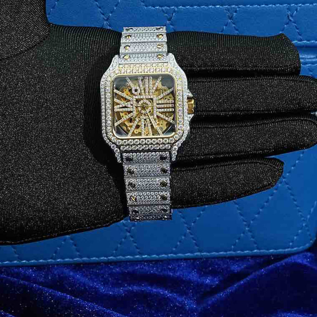 14K Gold 42MM  14.1CT Bust Down Moissanite Skeleton Watch Gubanlink