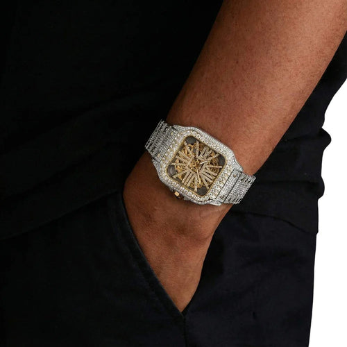 14K Gold 42MM  14.1CT Bust Down Moissanite Skeleton Watch Gubanlink