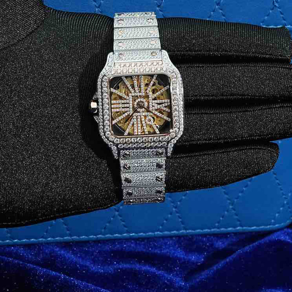 14K Rose Gold 42MM  14.1CT Bust Down Moissanite Skeleton Watch Gubanlink