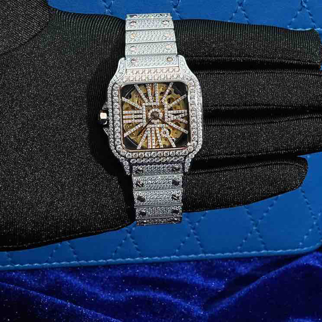 14K Rose Gold 42MM  14.1CT Bust Down Moissanite Skeleton Watch Gubanlink