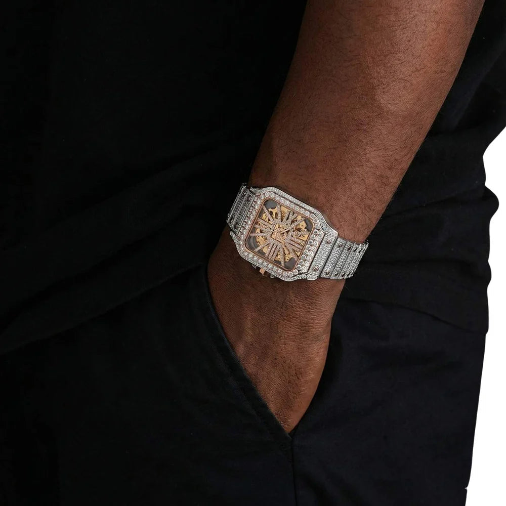 14K Rose Gold 42MM  14.1CT Bust Down Moissanite Skeleton Watch Gubanlink
