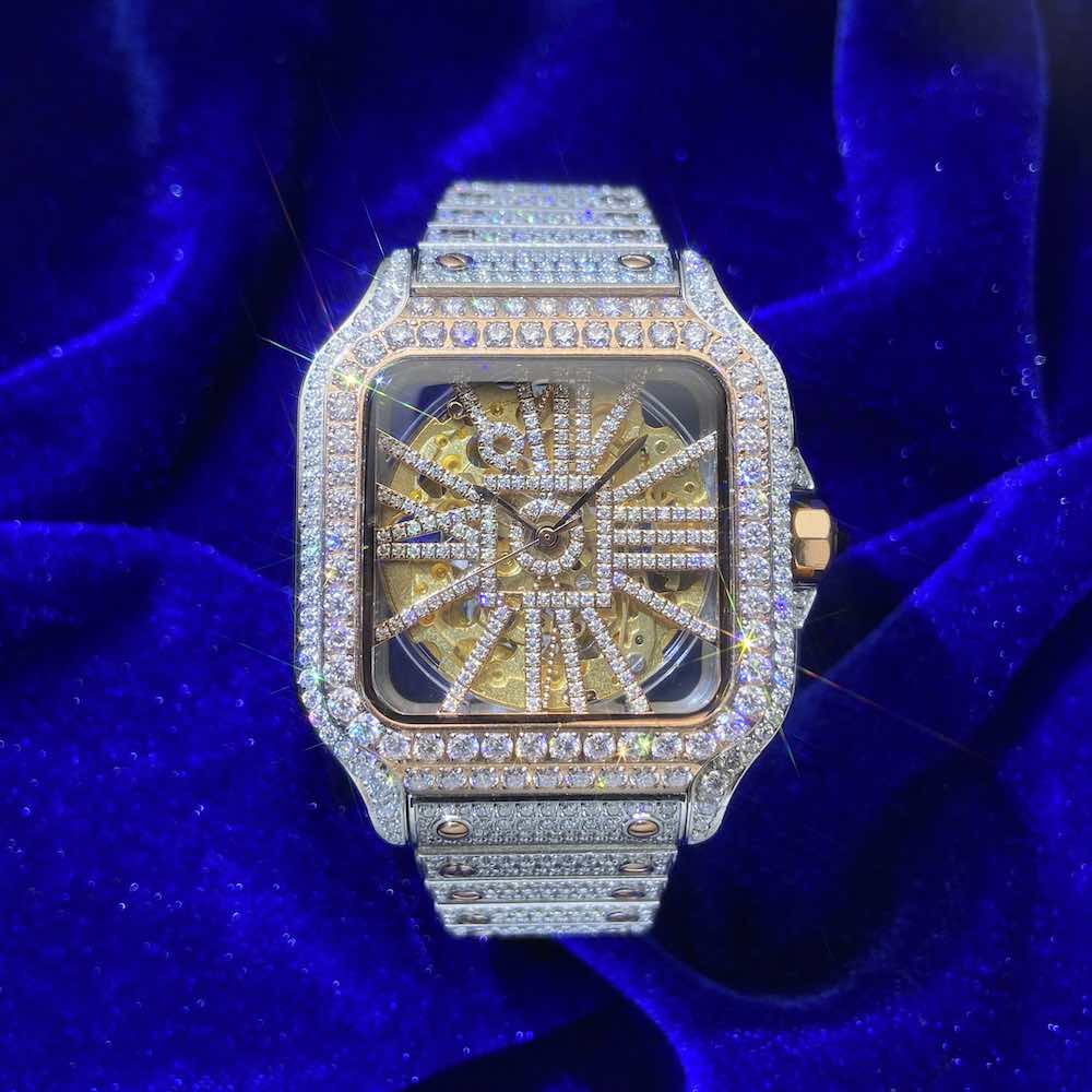 14K Gold 42MM  14.1CT Bust Down Moissanite Skeleton Watch Gubanlink