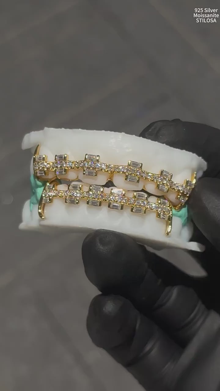 Gubanlink 925 Sterling Silver Emerald Moissanite Inlaid Braces Grillz
