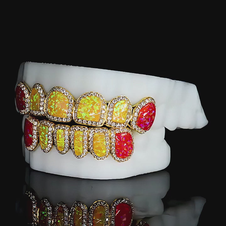 6 on 6 Pave Setting Multi-Colored Opal Custom Moissanite Grillz