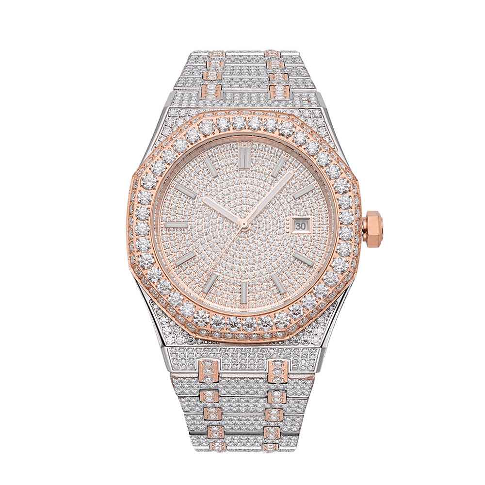 14K Rose Gold 44MM  Iced Out Bust Down Moissanite Watch Gubanlink