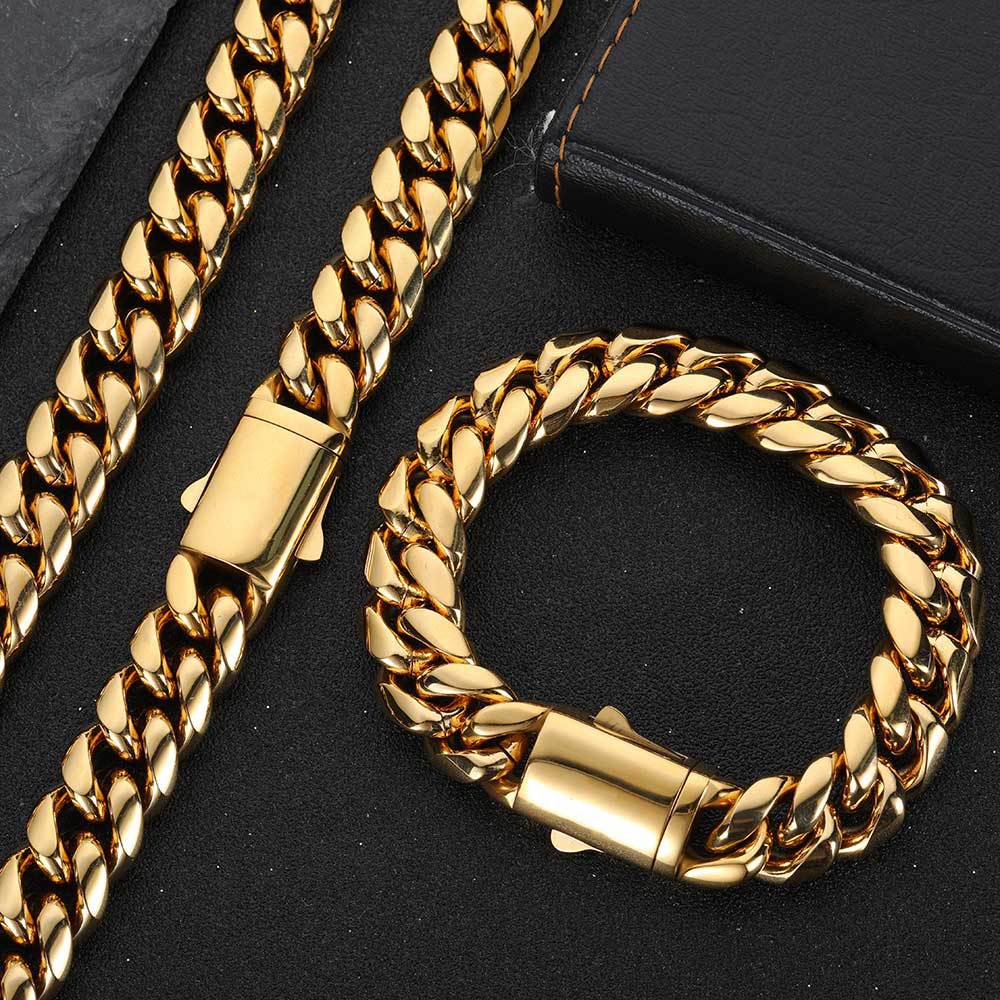 8/10/12/14MM 18K Gold Plated Spring Buckle Miami Cuban Link Chain