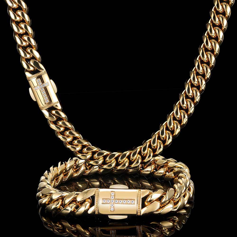 12MM 18K/White Gold Plated Cross Buckle Miami Cuban Link Chain