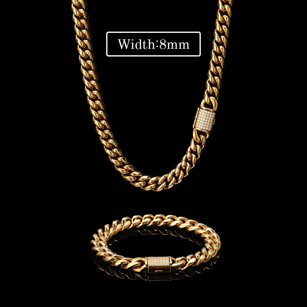 8/10MM 18K Gold Plated Zircon Flip Button Miami Cuban Link Chain