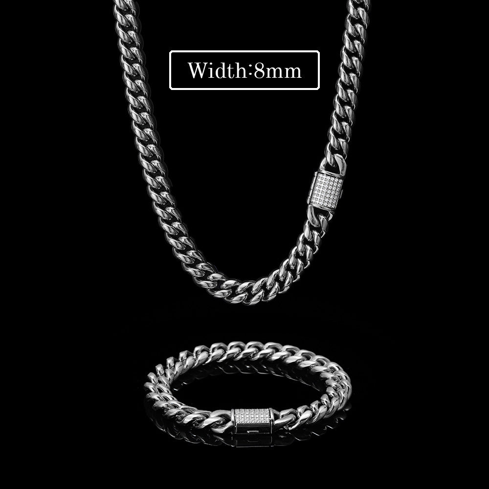8/10MM White Gold Plated Zircon Flip Button Miami Cuban Link Chain