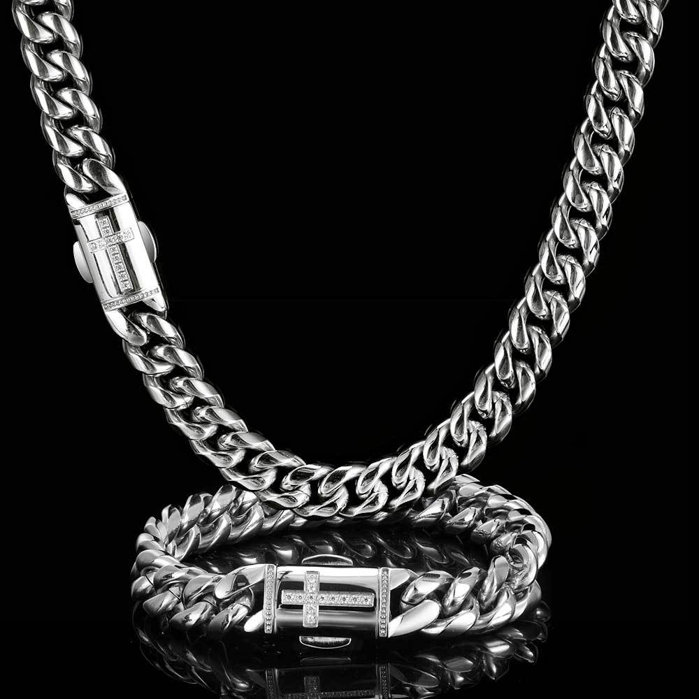12MM 18K/White Gold Plated Cross Buckle Miami Cuban Link Chain