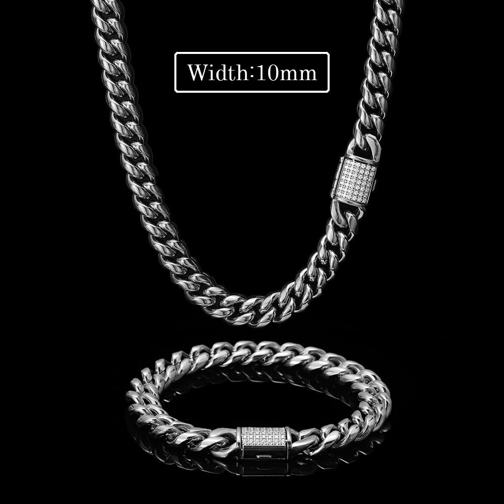 8/10MM White Gold Plated Zircon Flip Button Miami Cuban Link Chain Thegoldlinks