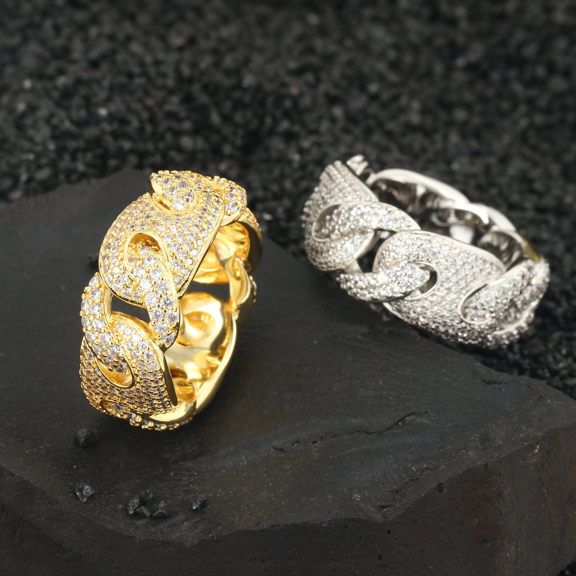 18K/White Gold Iced Out Cuban Link Ring