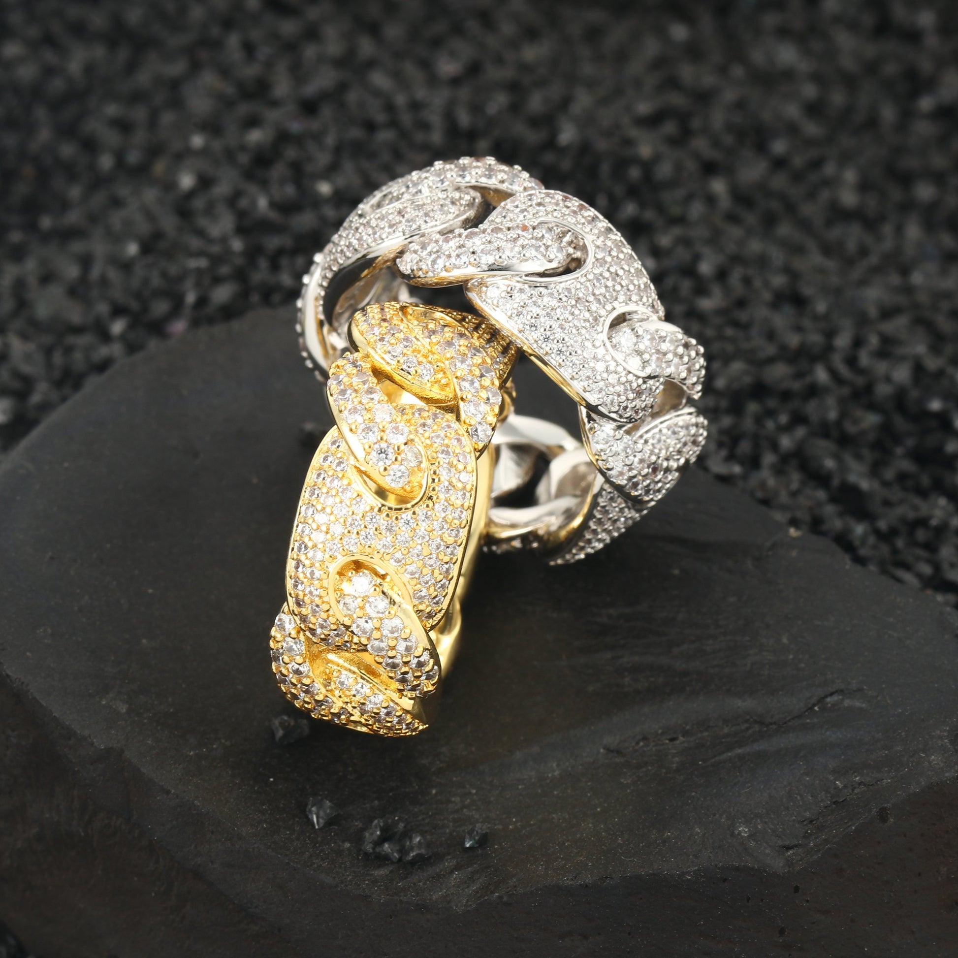 18K/White Gold Iced Out Cuban Link Ring