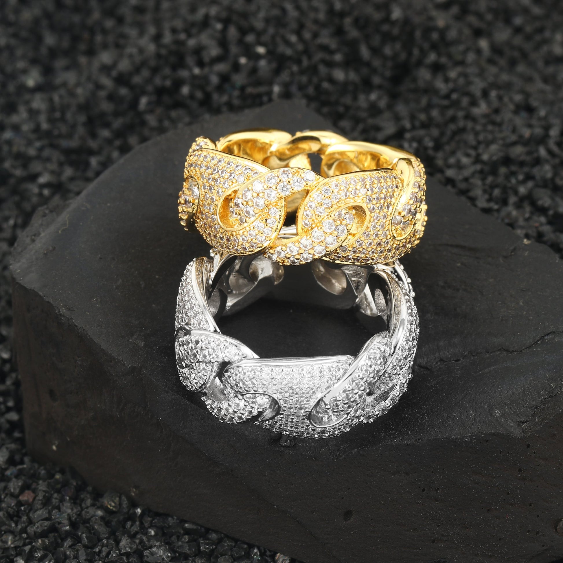 18K/White Gold Iced Out Cuban Link Ring