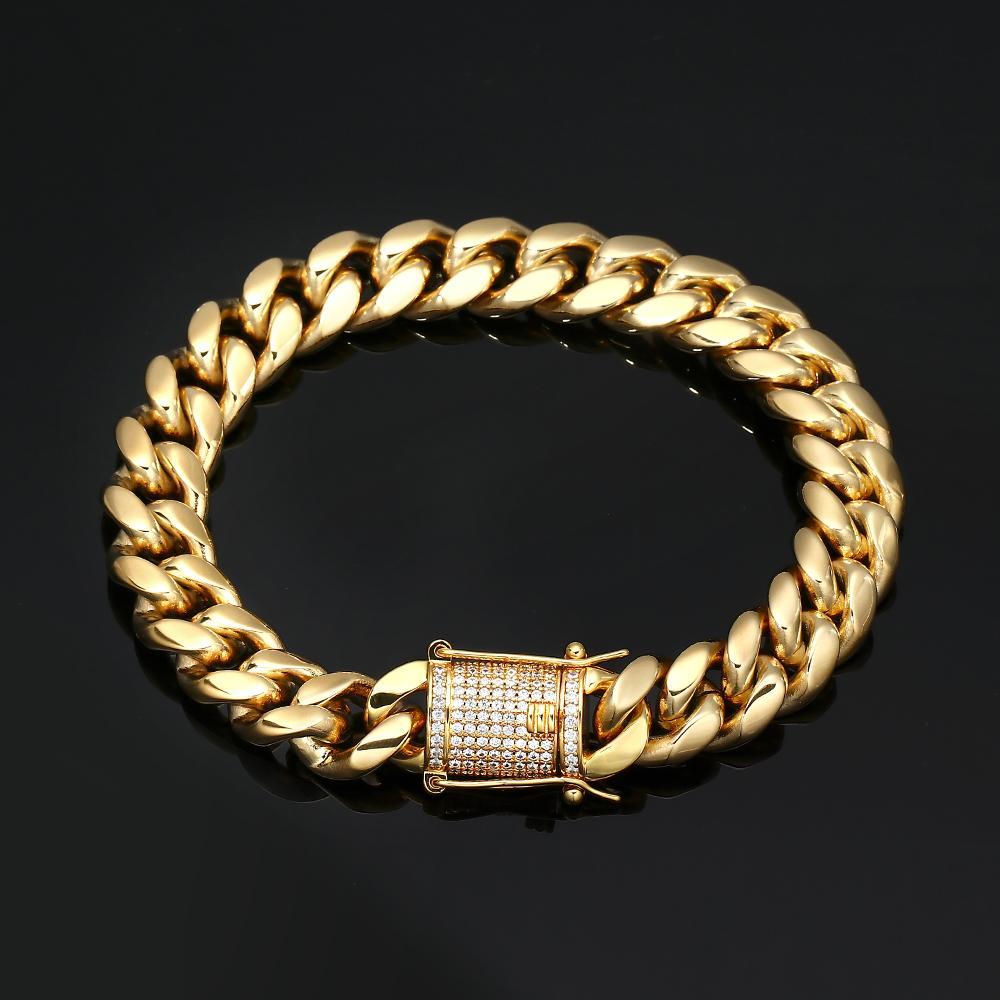 8/10/12/14/16/18MM 18K Gold Plated Stainless Steel Iced Out Miami Cuban Link Bracelet